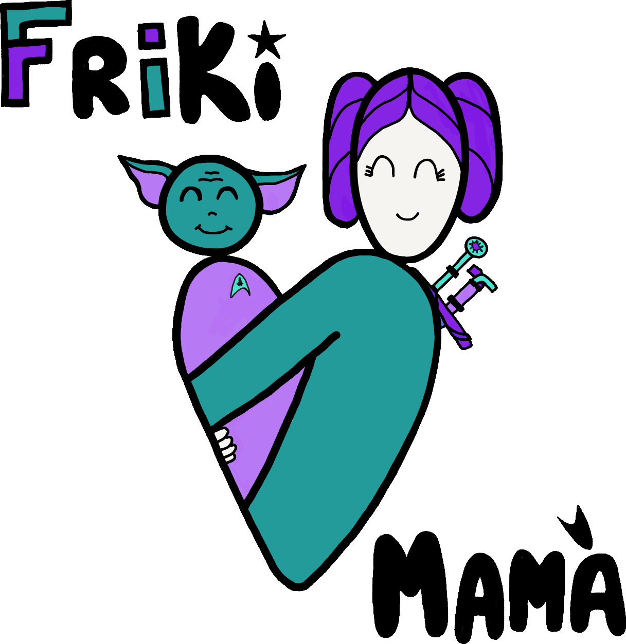 Logo de la tienda Friki MamáMama friki con peinado de leia organa star wars y espadas The Witcher y bebé baby yoda con broche de Star Trek